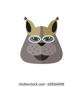 Siberian cat head with glasses icon isolated on white background vector illustration. Animal pictogram, pet emblem in flat design
