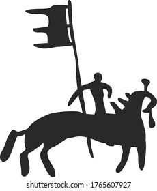 Siberian Cave Painting. Ancient Man On A Horse With A Flag In His Hand. Black Sketch Isolated On White Background. Russian History. Flat Infographics. Vector Illustration