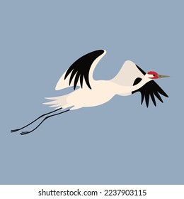 Siberian crane flying. Cute bird illustration. Vector illustration for prints, clothing, packaging, stickers.