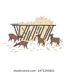 Siberian deer herd at haystack, decorative cartoon flat vector maral forest animal isolated on white background, wild reindeer, simple illustration cute mammal for design children pattern, map for kid