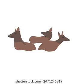 Siberian deer herd lies, decorative cartoon flat vector maral forest animal isolated on white backdrop, wild reindeer, simple illustration cute mammal for design children pattern, Christmas icon, map