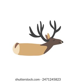 Siberian deer lies, decorative cartoon flat vector maral forest animal isolated on white background, wild reindeer, simple illustration cute mammal for design children pattern, Christmas icon, map