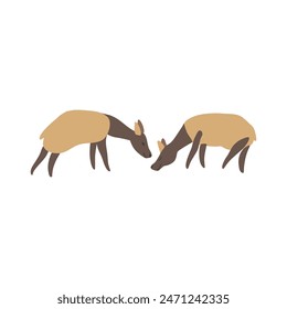 Siberian deers, decorative cartoon flat vector two maral forest animal isolated on white background, wild reindeer, simple illustration cute mammal for design children pattern, Christmas icon, map