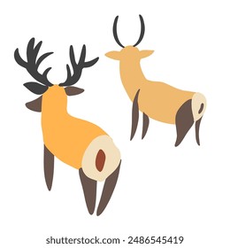 Siberian deers, decorative cartoon flat vector two maral forest animal isolated on white background, wild reindeer, simple illustration cute mammal for design children pattern, Christmas icon, map