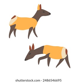 Siberian deers, decorative cartoon flat vector two maral forest animal isolated on white background, wild reindeer, simple illustration cute mammal for design children pattern, Christmas icon, map