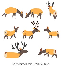 Siberian deers set, decorative cartoon flat vector maral forest animal isolated on white background, wild reindeer, simple illustration cute mammal for design children pattern, Christmas icon, map