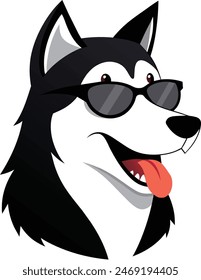 Siberian Husky with black and white fur, wearing a sunglasses, positioned illustration