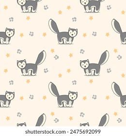 Siberian husky cartoon so cute. On star paw background. Pattern seamless vector illustration. 
