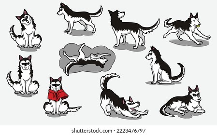 Siberian husky cartoon set in many action