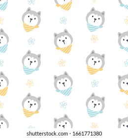 Siberian husky with collar seamless background repeating pattern, wallpaper background, cute seamless pattern background