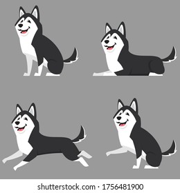 Siberian husky in different poses. Beautiful dog in cartoon style.