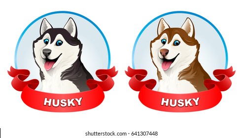 Siberian husky dog. Black and brown. Emblem husky club wiht red ribbon. He put his tongue out, smiling. Cartoon. Vector illustration on a light background. 3D.