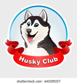 Siberian husky dog. Black and white. Emblem husky club  wiht red ribbon. He put his tongue out, smiling. Cartoon. Vector illustration on a light background. 3D.
