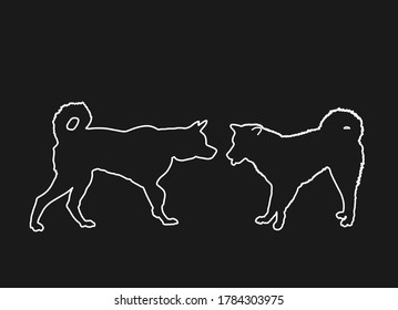 Siberian Husky dog couple in love, vector line contour silhouette illustration isolated on black background. Beware of dog pet. Dog shape symbol. Smart canine shadow.