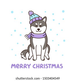 Siberian husky dog in hat and scarf. Merry Christmas card. It can be used for sticker, patch, phone case, poster, t-shirt, mug and other design.