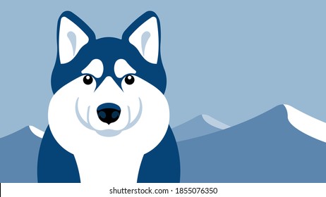 Perro husky siberiano. Husky cabeza sobre un fondo de montañas nevadas. Ilustración vectorial del bozal animal de purebred. Símbolo de retrato de mascota de perro.