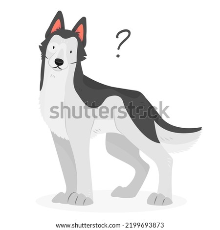 A siberian husky dog with a question mark. Dog question. An uncomprehending dog with its head tilted. Vector pet illustration.