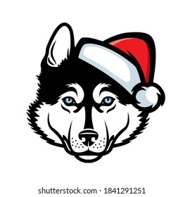 Siberian husky dog with santa claus hat - isolated vector illustration