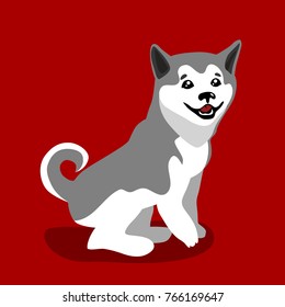 Siberian husky dog. Stand and smiling.  Cute cartoon puppy. Vector illustration on a red background. 