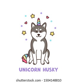 Siberian husky dog in a unicorn costume with horn and colorful tail. It can be used for sticker, patch, phone case, poster, t-shirt, mug and other design.