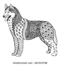 Siberian husky dog zentangle stylized, vector, illustration, freehand pencil, pattern. Zen art. Black and white illustration on white background. Adult anti-stress coloring book. Print for t-shirt.