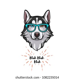 Siberian Husky geek. Smart glasses. Dog nerd. Husky portrait. Vector illustration.