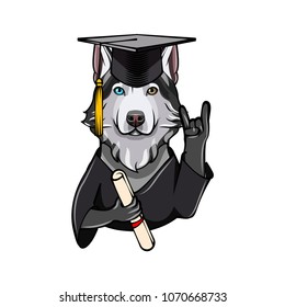 Siberian Husky Graduate. Rock gesture, Horns. Graduation cap hat diploma. Dog. Vector illustration