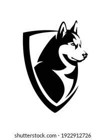 Siberian Husky Head And Heraldic Shield - Guard Dog Insignia Badge Black And White Vector Design