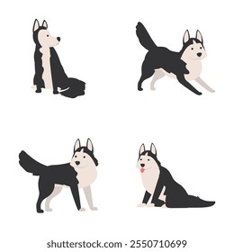 Vector de dibujos animados de conjunto de iconos de husky siberiano. Cachorro husky doméstico feliz. Mascota, animal