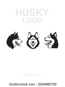 Siberian husky. Husky logo. Vector drawing of a dog muzzle. The dog's muzzle in full face and in profile. Vector dog set. Poster with husky dog.
