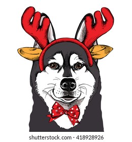 Siberian Husky portrait in a antler with a tie. Vector illustration.