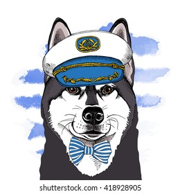 Siberian Husky portrait in a Captain Cap and with a tie. Vector illustration.