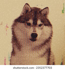 Siberian Husky portrait halftone screen CMYK colors overlap transparent with riso print effect vector illustration on old paper background. Dog smiling defect screen retro printing effect.