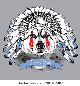 Siberian Husky portrait with a Indian Feather Headdress. Vector illustration.