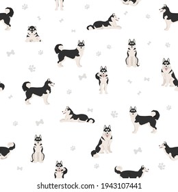 Siberian husky poses, coat colors seamless pattern.   Vector illustration