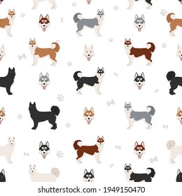 Siberian husky poses, coat colors seamless pattern.   Vector illustration