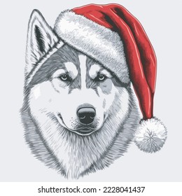 Siberian Husky Santa Hat Vector Illustration Tshirt Design Logo Icon Christmas Greeting Card