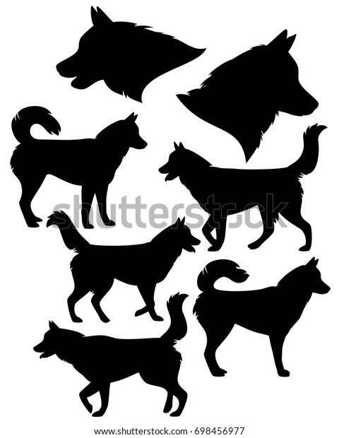 シベリアンのハスキーシルエットコレクション 白い背景に黒いベクター犬 のベクター画像素材 ロイヤリティフリー