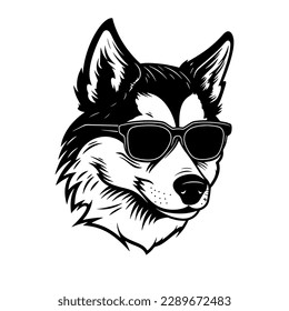 Siberian husky wearing sunglasses mascot logo ,hand drawn illustration.