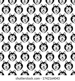 Siberian Husky or wolf seamless pattern. Black and white. Colored page background 