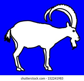 Siberian Ibex Capra sibiric vector, white silhouette isolated on blue background.