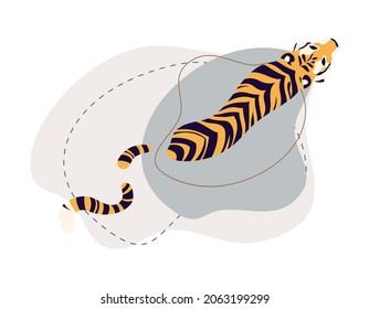 Siberian rare tiger swims in water. Endangered wild animal with a striped tail. Symbol for 2022 on the lunar Chinese calendar. Design element for poster of protection predators. Vector illustration