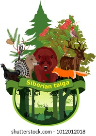 Siberian taiga forest, concept vector illustration, bear, wolf, deer animals Nature save concept illustration