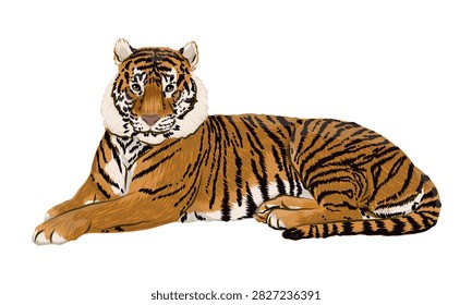 Siberian tiger lying down full length front view isolated on white background, big cat Panthera tigris altaica resting and looking forward, detailed flat vector Asian wildlife design asset