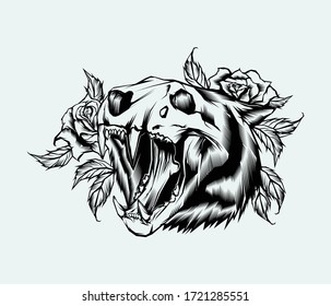 siberian tiger skull rose vector illustration 