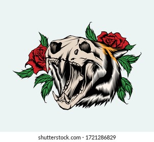 siberian tiger skull rose vector illustration 
