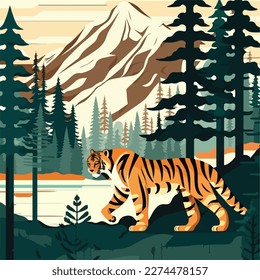 Siberian tiger in the taiga. Threatened or endangered species animals. Flat vector illustration concept