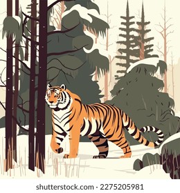 Sibirischer Tiger in der Taiga. bedrohte oder gefährdete Tierarten. Flaches Vektorgrafik-Konzept