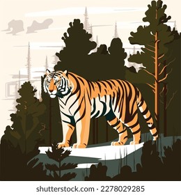 Siberian tiger in the taiga. Threatened or endangered species animals. Flat vector illustration concept