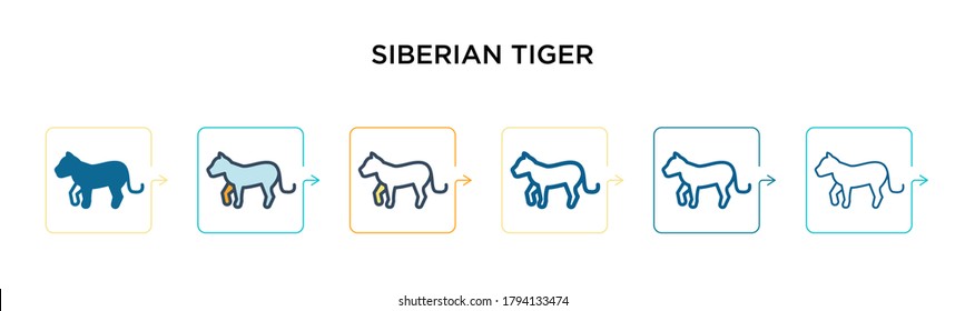 Siberian tiger vector icon in 6 different modern styles. Black, two colored siberian tiger icons designed in filled, outline, line and stroke style. Vector illustration can be used for web, mobile,